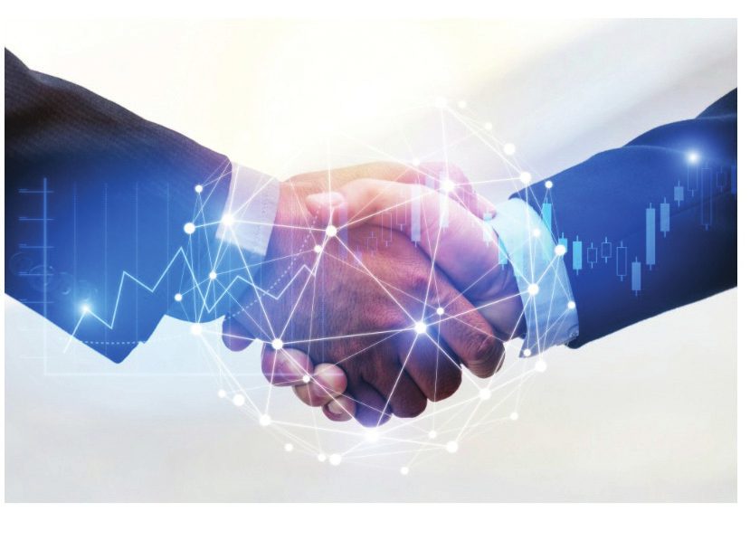 Business handshake with digital network graphic